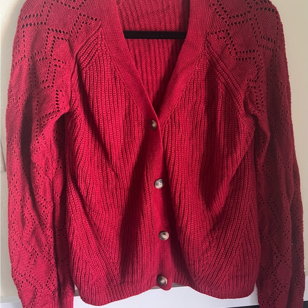 Vibrant Red Cardigan Sweater with Textured Knit